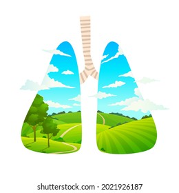 Breathe fresh air. Forest is lungs of planet. Cartoon nature landscape. Scenic green field and clear sky. Care of environment. Ecology protection emblem. Vector healthy breathing concept