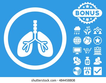 Breathe System icon with bonus pictogram. Vector illustration style is flat iconic symbols, white color, blue background.