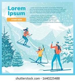 Breathe-Taking Glide Down Snowy Hill on Alpine Skis with Family. Mom, Dad and Little Girl Spending Time Together Outdoors, Having Fun and Enjoying Cold Snowy Days. Banner with Copy Space for Text.