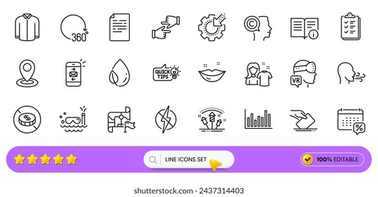 Breathing exercise, Antistatic and Leaf dew line icons for web app. Pack of No cash, Voting ballot, Clean shirt pictogram icons. Bar diagram, Scuba diving, Augmented reality signs. Search bar. Vector