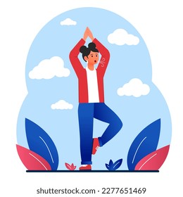 Breathing exercise concept. Woman stands on one leg and does yoga. Meditation and concentration, awareness. Recovery Respiratory system after illness, covid19. Cartoon flat vector illustration