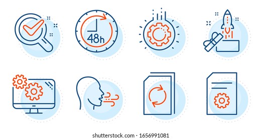 Breathing exercise, File settings and Settings signs. Gear, Innovation and Update document line icons set. 48 hours, Chemistry lab symbols. Work process, Crowdfunding. Technology set. Vector