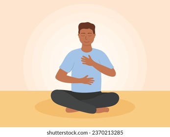 Breathing exercise flat vector illustration. Man sitting in a meditation pose practicing breath work. Deep breathing and diaphragmatic breathing practice. 