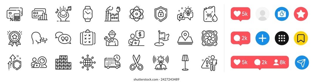 Ejercicio de respiración, globo internacional y paquete de iconos de la línea del bote de gasolina. Iconos de medios sociales. Mejora de la seguridad, entrega, videoconferencia icono web. Pin, Reparador, Pictograma de lámpara de pie. Vector