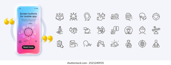 Exercício respiratório, Pessoa recuperada e os ícones da cédula de votação para o aplicativo Web. Tela de gradiente de maquete de telefone. Pacote de impressão digital, dinheiro de renda, ícones do pictograma do alvo do coração. Vetor