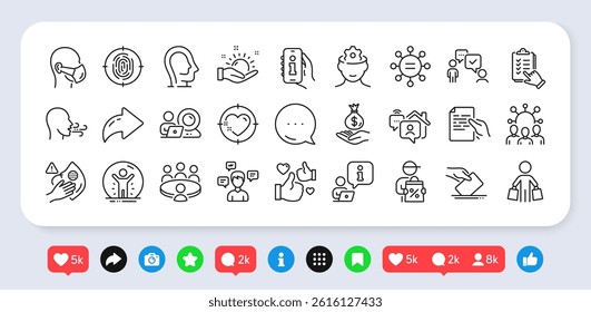 Breathing exercise, Recovered person and Voting ballot line icons pack. Social media: share, comment, like icons. Fingerprint, Income money, Heart target web icon. Vector