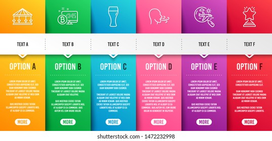 Breathing exercise, Search flight and Beer glass line icons set. Infographic timeline. Bitcoin system, Carousels and Winner signs. Breath, Airplane trip, Brewery beverage. Vector