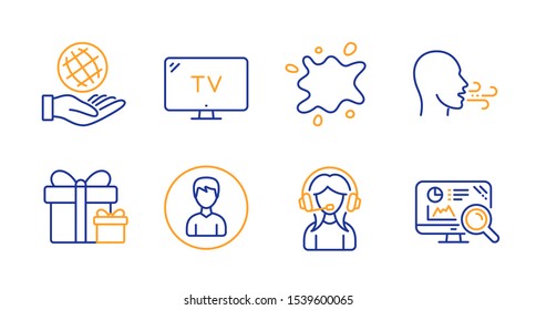 Breathing exercise, Surprise package and Person line icons set. Tv, Safe planet and Support signs. Dirty spot, Seo analytics symbols. Breath, Present boxes. Business set. Vector