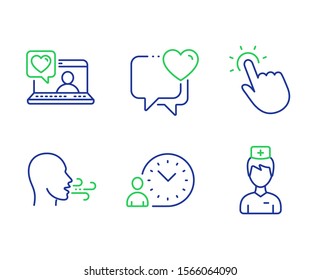 Breathing exercise, Time management and Heart line icons set. Friends chat, Touchpoint and Doctor signs. Breath, Work time, Love chat. Love. People set. Line breathing exercise outline icons. Vector