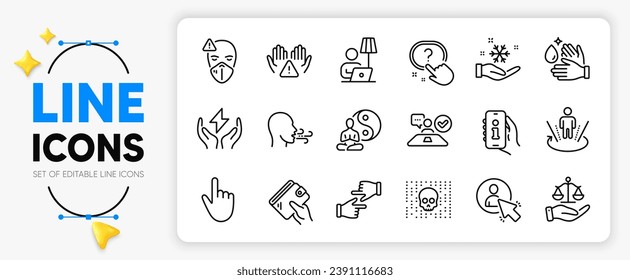 Breathing exercise, User and Cursor line icons set for app include Justice scales, Click hands, Wash hands outline thin icon. Safe energy, Question button, Freezing pictogram icon. Vector