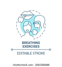 Breathing exercises blue concept icon. Respiratory rehabilitation abstract idea thin line illustration. Diaphragmatic and deep breathing. Vector isolated outline color drawing. Editable stroke