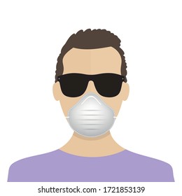 Máscara respiratoria en ícono de vector plano facial para aplicaciones y sitios web. Hombre con icono de máscara. Protección antivirus. Icono del ataque de Coronavirus. EPS 10