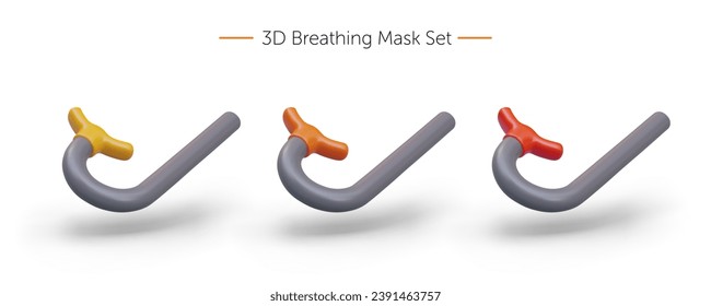 Máscara respiratoria ajustada en colores diferentes. Sonríe en colores naranja, rojo y amarillo para el conductor. Concepto de recogida de material de buceo. Ilustración vectorial en estilo 3d sobre fondo blanco y lugar para texto