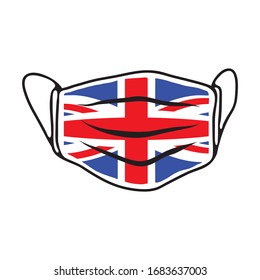 Breathing medical face mask with United Kingdom flag. COVID-19 conceptual vector illustration. 2019-ncov virus. Prevent infection respiratory tract. Flat design.