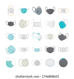 breathing medical masks, hospital or pollution protect, prevention face masking, icons set vector illustration