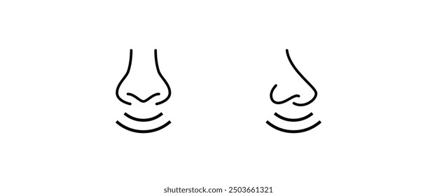 Atemnase, Geruch, Geruch Geruch menschliche Nase mit Nasenlöchern Riechlinie und flache Symbole gesetzt, editierbarer Strich einzeln auf Weiß, lineare Vektorkonturgrafik, Logo-Design