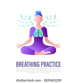 Breathing Practice: Young Girl In Lotus Pose In Flat Style. Exhale And Inhale. Meditation Symbol, Inner Balance, Yoga School. Vector Illustration.