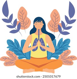 Breathing work for healthy lungs. A girl doing sports for her health. Vector illustration