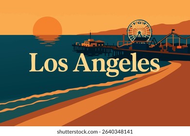 A breathtaking aerial view showcasing the sunset over the Santa Monica Pier, with soft golden hues reflecting off the water and the coastline stretching along the horizon.