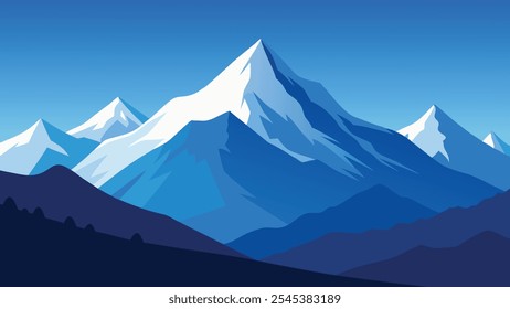 atemberaubende alpine Landschaft mit schneebedeckten Bergen unter blauem Himmel, die die grandiose, flache Vektorgrafik der Natur zeigen.