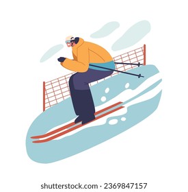 In A Breathtaking Alpine Landscape, A Proficient Skier Character Tackles A Rigorous Mountain Slalom, Vector Illustration