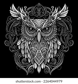 A breathtaking artwork of an owl, showcasing its mysterious and graceful nature. The use of intricate details and dark colors make this nocturnal bird come alive