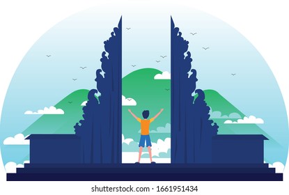 Breathtaking Bali: Adventurous man embraces mountain air, illustrating the allure of exploration and tranquility. Ideal for travel and wanderlust-themed designs.