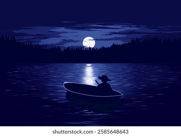 Breathtaking blue night at river with lonely boat and full moon