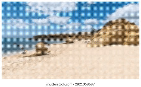 Breathtaking coastal view featuring sandy beach rocky headlands and vibrant blue sky. Serene nature landscape illustration of peaceful summer holiday place.