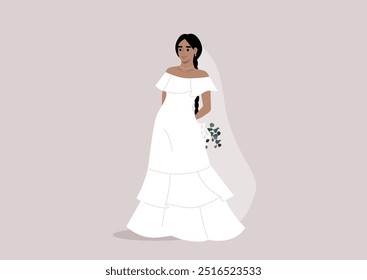 Ein atemberaubendes Flamenco-inspiriertes Hochzeitskleid mit eleganten Rüschen und einer romantischen Silhouette, perfekt zugeschnitten für eine bezaubernde Feier in einem sonnenbeleuchteten Garten