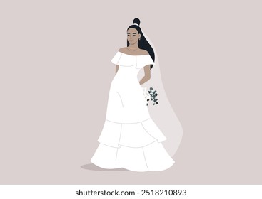 Ein atemberaubendes Flamenco-inspiriertes Hochzeitskleid mit eleganten Rüschen und einer romantischen Silhouette, perfekt zugeschnitten für eine bezaubernde Feier in einem sonnenbeleuchteten Garten