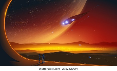 A breathtaking futuristic sci-fi vector illustration depicting a couple standing on a sweeping curved platform, looking out over a glowing alien city or colony nestled in a distant valley. A massive, detailed planet dominates the dramatic sky, illuminated by a warm, fiery sunset gradient ranging from golden yellow to deep red. A sleek spaceship with glowing blue thrusters flies dynamically overhead, adding a sense of action and exploration. This minimalist flat design artwork combines strong dark silhouettes with vibrant colors and atmospheric perspective. With ample negative copy space, it is highly versatile and perfect for science fiction book covers, video game concept art, synthwave album covers, and futuristic technology backgrounds.