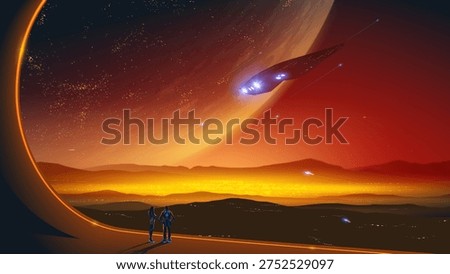 A breathtaking futuristic sci-fi vector illustration depicting a couple standing on a sweeping curved platform, looking out over a glowing alien city or colony nestled in a distant valley. A massive, detailed planet dominates the dramatic sky, illuminated by a warm, fiery sunset gradient ranging from golden yellow to deep red. A sleek spaceship with glowing blue thrusters flies dynamically overhead, adding a sense of action and exploration. This minimalist flat design artwork combines strong dark silhouettes with vibrant colors and atmospheric perspective. With ample negative copy space, it is highly versatile and perfect for science fiction book covers, video game concept art, synthwave album covers, and futuristic technology backgrounds.