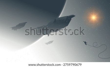 A breathtaking futuristic sci-fi vector illustration depicting an epic space opera moment. In the bottom right, a lone astronaut in a full spacesuit floats in the vast vacuum, tethered or on a mission, gazing in awe at a massive fleet of futuristic spaceships flying in formation. The fleet, composed of various cruisers and fighter escorts, dominates the center and left. In the background, a beautiful crescent alien planet, stars, and colorful nebulae fill the deep cosmos. Foreground geometric structural elements add depth. Clean, minimalist flat design with ample negative copy space, perfect for science fiction book covers, video game concept art, tech website banners, and cinematic poster designs.