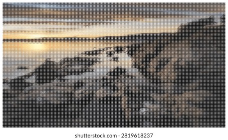Breathtaking golden sunset scene highlighting calm ocean waves crashing against jagged rocks on sandy beach. Serene coastal vector illustration for travel art.