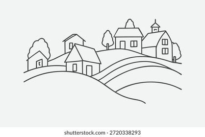 Atemberaubende Hillside Village Landschaft - Continuous One Line Drawing Art