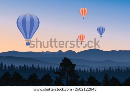Breathtaking Hot Air Balloons Floating Over Serene Mountain Landscape at Dusk with Stunning Sunset Sky.
