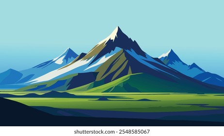 Atemberaubende isländische Landschaft mit dramatischen Bergen und üppigem Grün unter einem klaren blauen Himmel, flache Vektorgrafik.