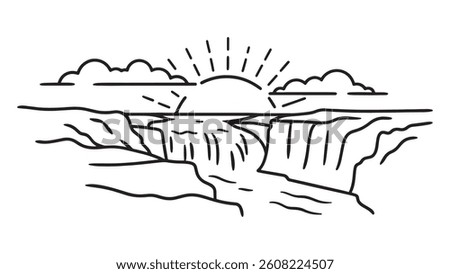 Breathtaking Icelandic landscape at sunset, featuring vibrant skies and rugged terrain illuminated by warm hues line art flat vector illustration