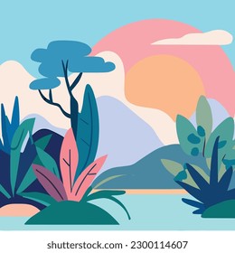 A breathtaking illustration of a tranquil landscape with rolling hills, a serene stream, and a mesmerizing sunset
