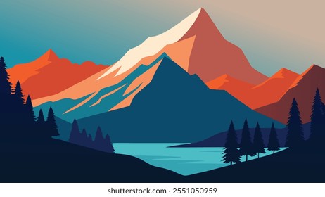 
Atemberaubende Landschaft mit Norways überragenden Bergen und dichten Wäldern, die Natur Schönheit flach Vektorgrafik.