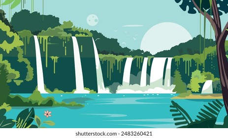 Un paisaje impresionante se despliega en esta Ilustración vectorial llana. Los lagos turquesa cristalinos caen en cascada por una serie de acantilados travertinos, creando una escena fascinante. 