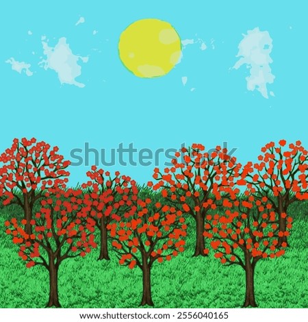 A breathtaking landscape, where the sun shines brightly on blossoming trees.  Embrace the beauty of the present moment.