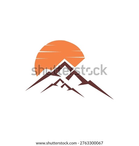 A breathtaking minimalist logo in burnt orange and chocolate brown, depicting a mountain range set against a setting sun.
