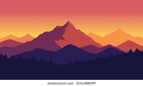 atemberaubende Bergkette silhouettiert gegen einen pulsierenden Sonnenuntergang Himmel, zeigt Farbtöne von Orange und lila flache Vektorgrafik