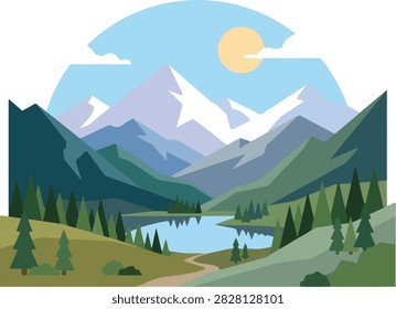 Breathtaking natural landscape scenery featuring towering snow covered mountain peaks pristine lake and coniferous trees.