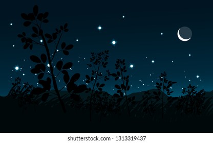 breathtaking night scene in grassland where sky is  full of stars