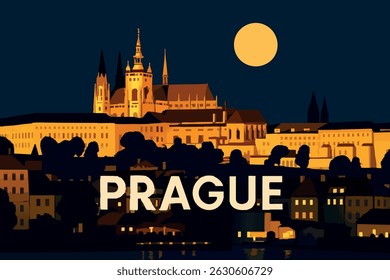 Uma vista noturna de tirar o fôlego do Castelo de Praga, iluminada contra um céu escuro com as luzes da cidade refletindo no rio