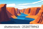 A breathtaking panorama of the Grand Canyon unfolds in this vibrant illustration. The towering, reddish-brown cliffs create a dramatic backdrop for the winding Colorado River