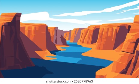 Um panorama deslumbrante do Grand Canyon se desenrola nesta ilustração vibrante. Os imponentes penhascos marrom-avermelhados criam um cenário dramático para o sinuoso Rio Colorado